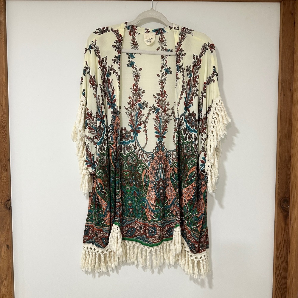 Artistic Works by Lu Kimono Womens M L Cream Paisley Fringe Boho Cardigan